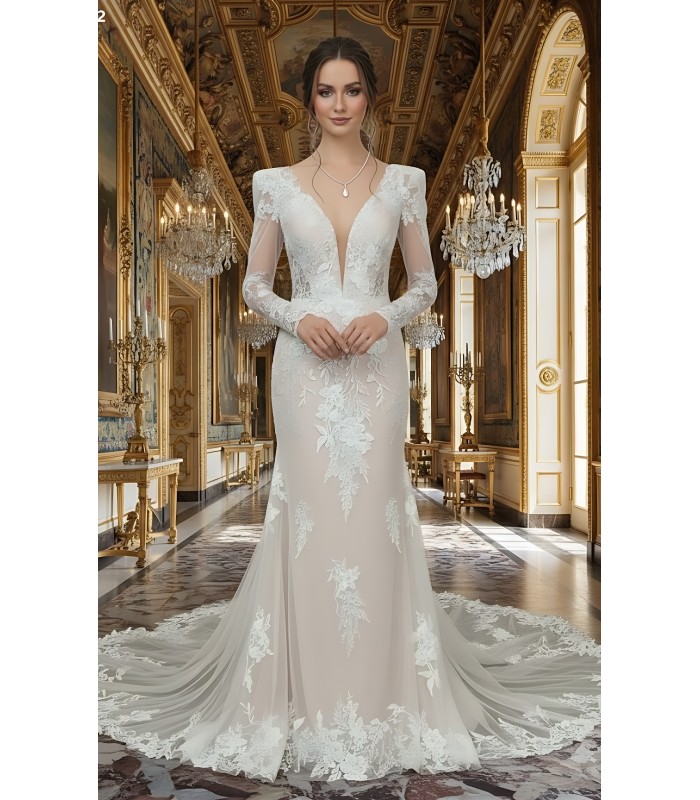 Sheath Sequined Floral Lace Cut-Out Bodice with Sheer Leg-of-Mutton Long Sleeves Wedding Dress - MO-S6002
