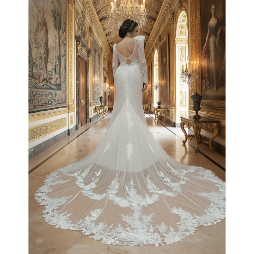 Sheath Sequined Floral Lace Cut-Out Bodice with Sheer Leg-of-Mutton Long Sleeves Wedding Dress - MO-S6002