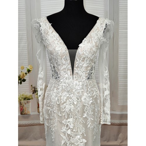 Sheath Sequined Floral Lace Cut-Out Bodice with Sheer Leg-of-Mutton Long Sleeves Wedding Dress - MO-S6002