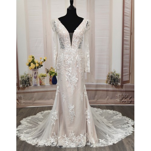 Sheath Sequined Floral Lace Cut-Out Bodice with Sheer Leg-of-Mutton Long Sleeves Wedding Dress - MO-S6002