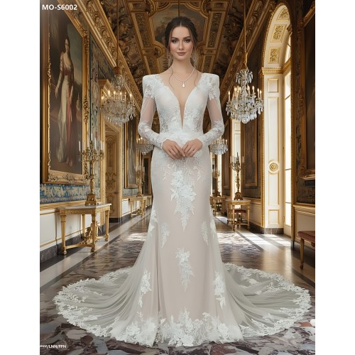 Sheath Sequined Floral Lace Cut-Out Bodice with Sheer Leg-of-Mutton Long Sleeves Wedding Dress - MO-S6002