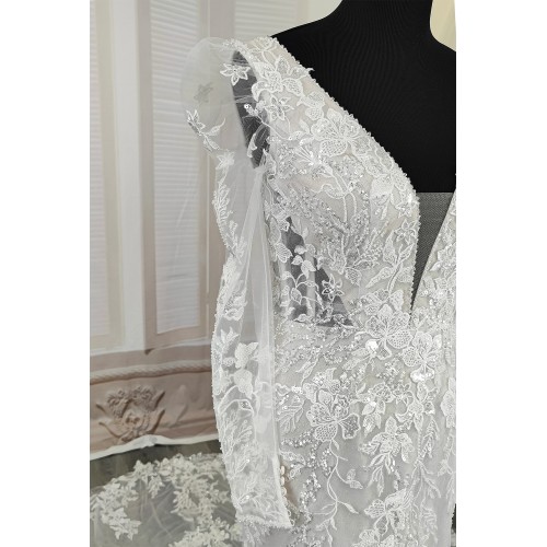 Sheath Sequined Floral Lace Cut-Out Bodice with Sheer Leg-of-Mutton Long Sleeves Wedding Dress - MO-S6002