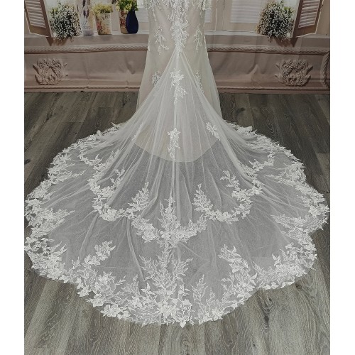 Sheath Sequined Floral Lace Cut-Out Bodice with Sheer Leg-of-Mutton Long Sleeves Wedding Dress - MO-S6002