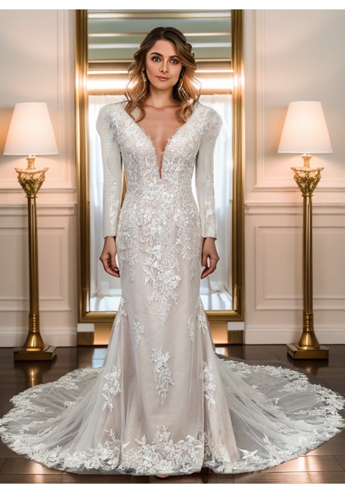 Sheath Sequined Floral Lace Cut-Out Bodice with Sheer Leg-of-Mutton Long Sleeves Wedding Dress - MO-S6002