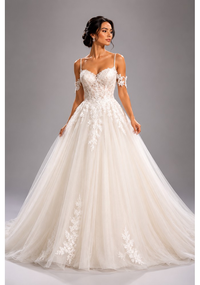 Luxury Princess A-Line Wedding Dress with Lace Corset Bodice & Cathedral Train