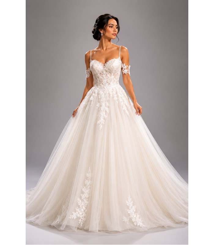 Luxury Princess A-Line Wedding Dress with Lace Corset Bodice & Cathedral Train