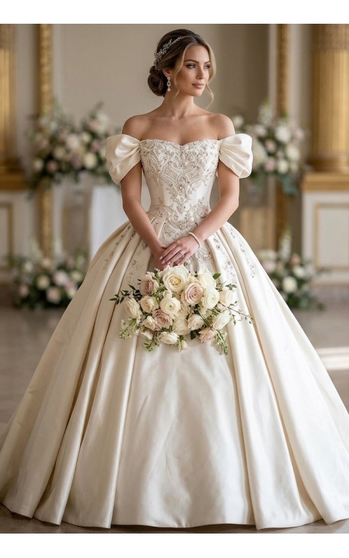 Regal Off-the-Shoulder Satin Ball Gown with Elaborate Baroque Embroidery