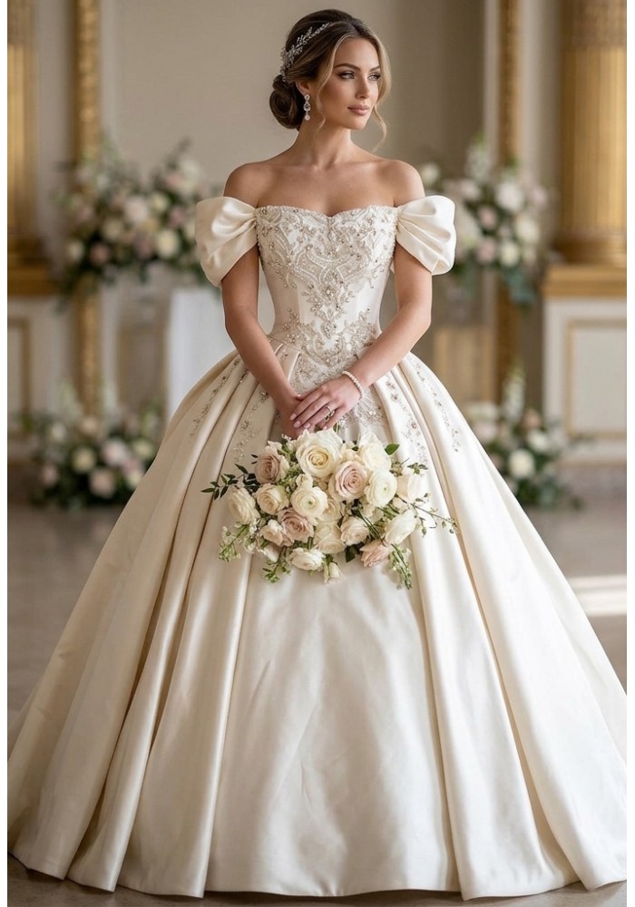 Regal Off-the-Shoulder Satin Ball Gown with Elaborate Baroque Embroidery