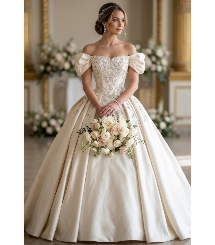 Regal Off-the-Shoulder Satin Ball Gown with Elaborate Baroque Embroidery