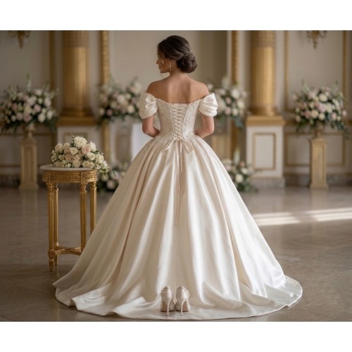 Regal Off-the-Shoulder Satin Ball Gown with Elaborate Baroque Embroidery