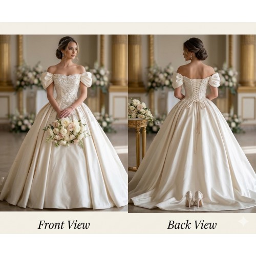 Regal Off-the-Shoulder Satin Ball Gown with Elaborate Baroque Embroidery