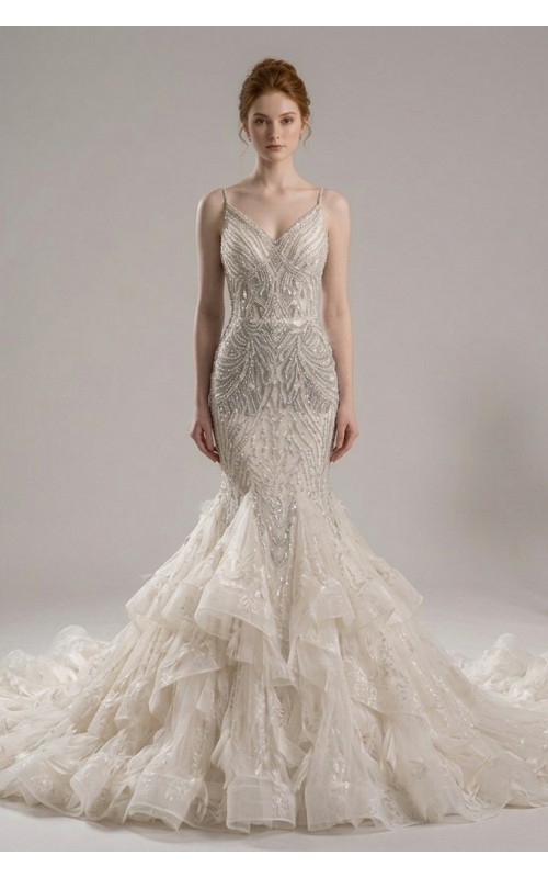 Opulent Beaded Art Deco Mermaid Gown with Dramatic Tiered Organza Ruffled Train