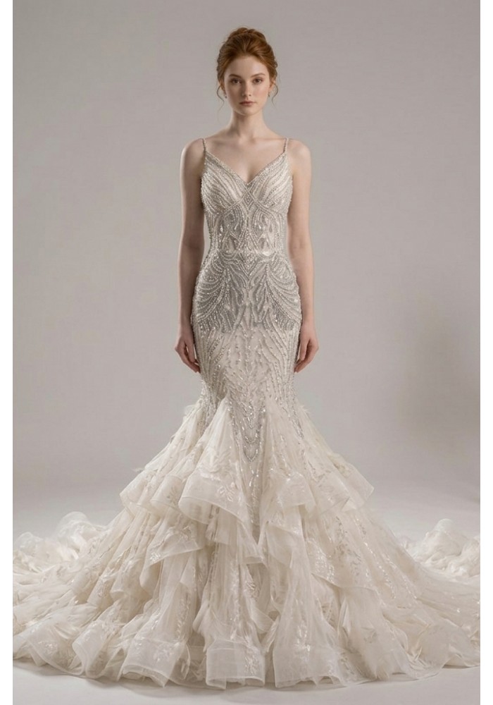 Opulent Beaded Art Deco Mermaid Gown with Dramatic Tiered Organza Ruffled Train