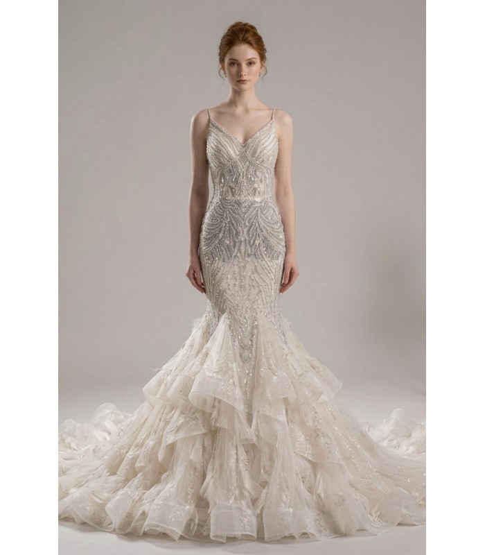 Opulent Beaded Art Deco Mermaid Gown with Dramatic Tiered Organza Ruffled Train