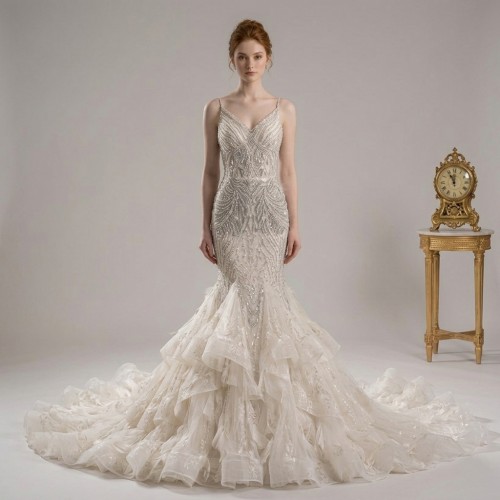 Opulent Beaded Art Deco Mermaid Gown with Dramatic Tiered Organza Ruffled Train