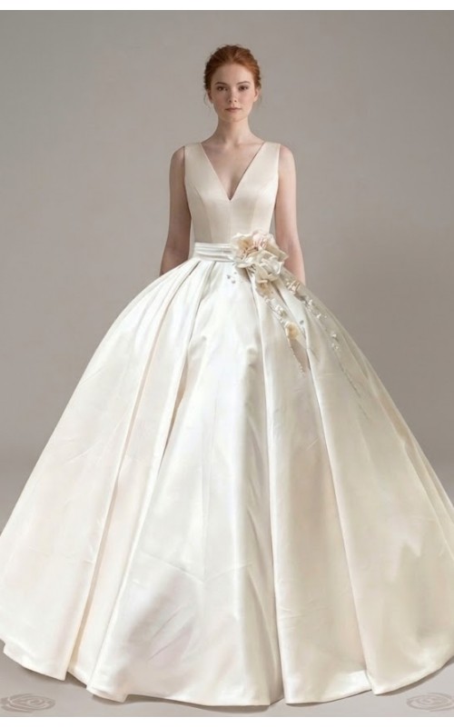 Satin Ball Gown with Sculpted V-Neckline and Blush Rose Belt Accent