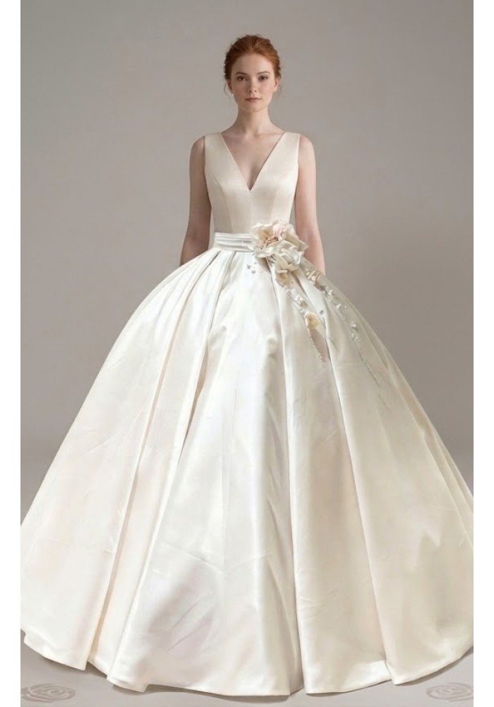 Satin Ball Gown with Sculpted V-Neckline and Blush Rose Belt Accent