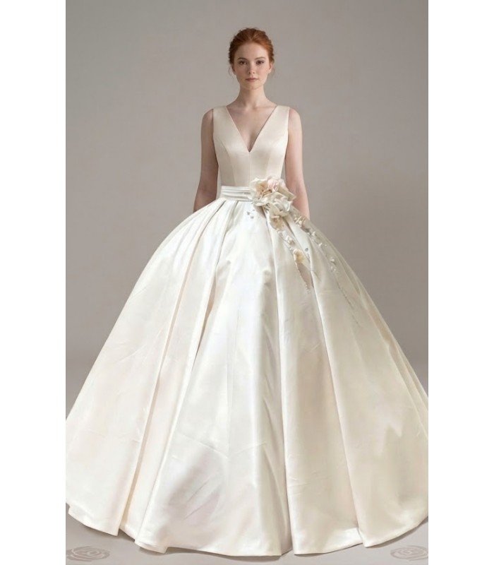 Satin Ball Gown with Sculpted V-Neckline and Blush Rose Belt Accent