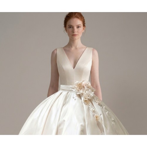 Satin Ball Gown with Sculpted V-Neckline and Blush Rose Belt Accent