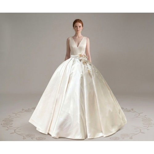 Satin Ball Gown with Sculpted V-Neckline and Blush Rose Belt Accent