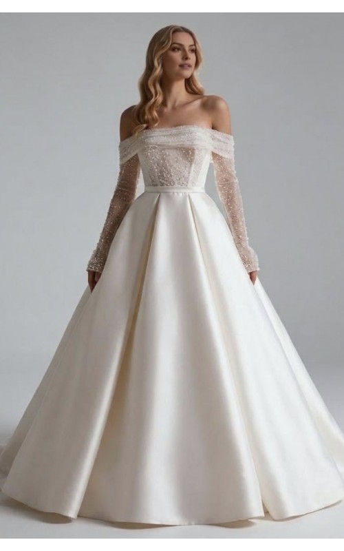 Off-the-Shoulder Pearl-Embellished Ballgown in Off-White Satin