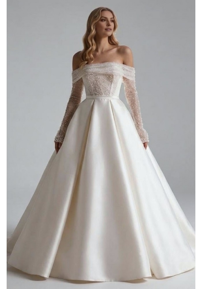 Off-the-Shoulder Pearl-Embellished Ballgown in Off-White Satin