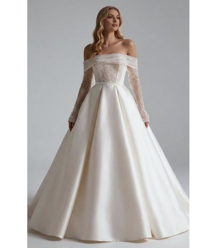 Off-the-Shoulder Pearl-Embellished Ballgown in Off-White Satin
