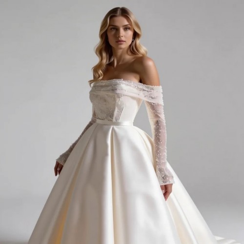 Off-the-Shoulder Pearl-Embellished Ballgown in Off-White Satin