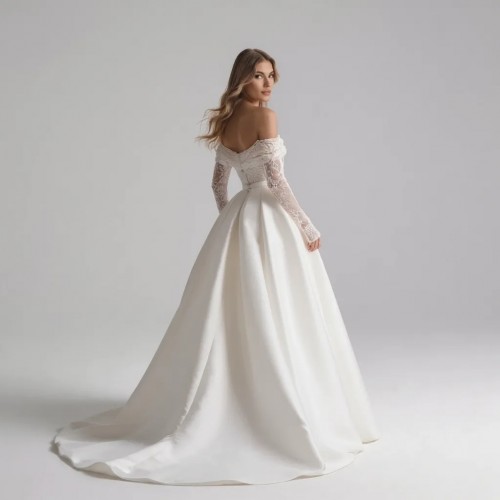 Off-the-Shoulder Pearl-Embellished Ballgown in Off-White Satin