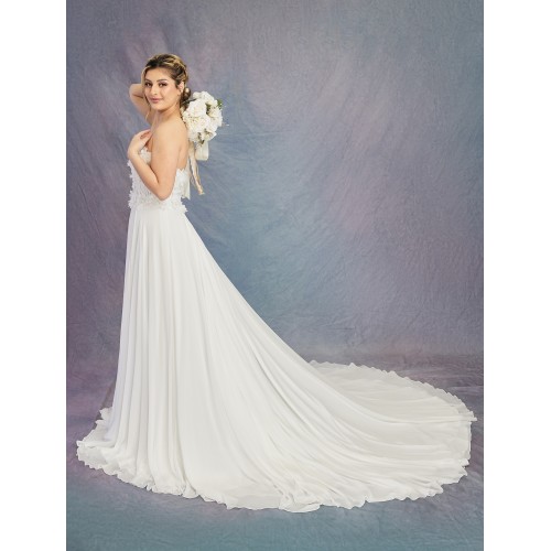 A-Line Chiffon Beaded 3-D Flower Semi-V cut NecklineWedding Dress - OU-A1002