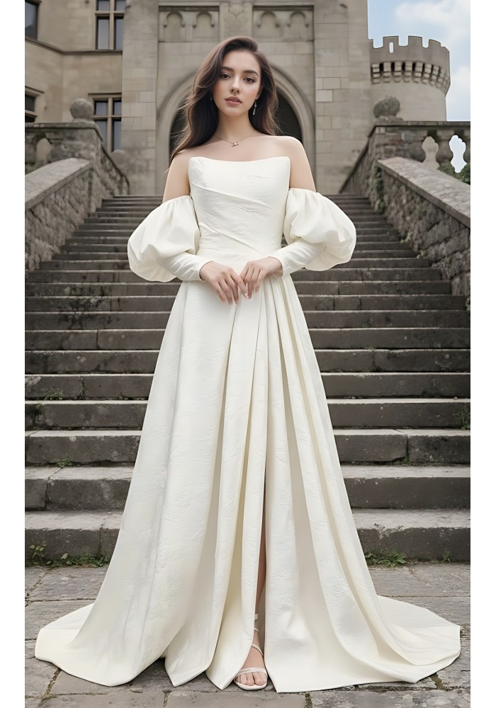 A-Line Embossed Satin Slit Skirt Wedding Dress with Detachable Balloon Long Sleeves- OU-A1005