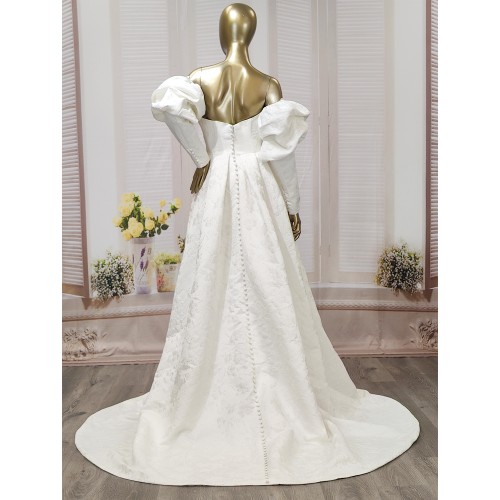 A-Line Embossed Satin Slit Skirt Wedding Dress with Detachable Balloon Long Sleeves- OU-A1005