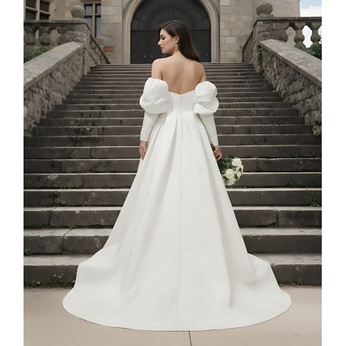 A-Line Embossed Satin Slit Skirt Wedding Dress with Detachable Balloon Long Sleeves- OU-A1005