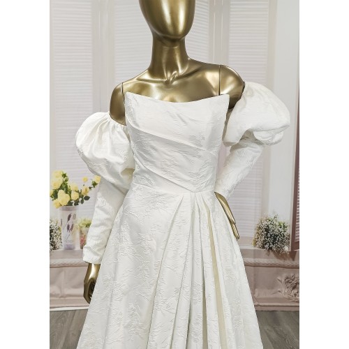 A-Line Embossed Satin Slit Skirt Wedding Dress with Detachable Balloon Long Sleeves- OU-A1005