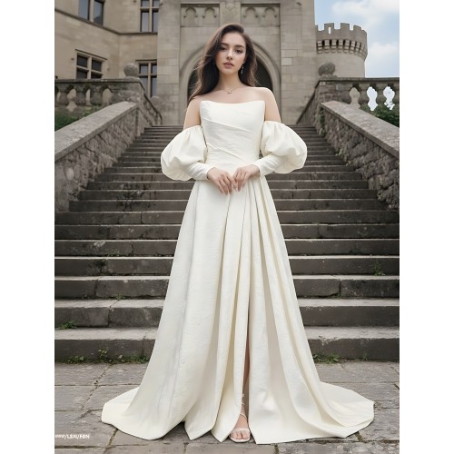 A-Line Embossed Satin Slit Skirt Wedding Dress with Detachable Balloon Long Sleeves- OU-A1005
