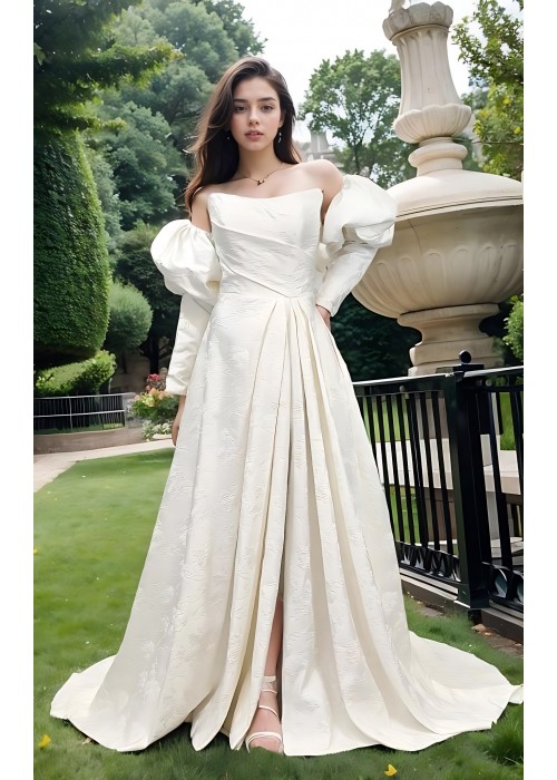 A-Line Embossed Satin Slit Skirt Wedding Dress with Detachable Balloon Long Sleeves- OU-A1005