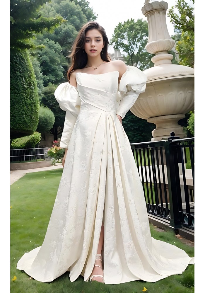 A-Line Embossed Satin Slit Skirt Wedding Dress with Detachable Balloon Long Sleeves- OU-A1005