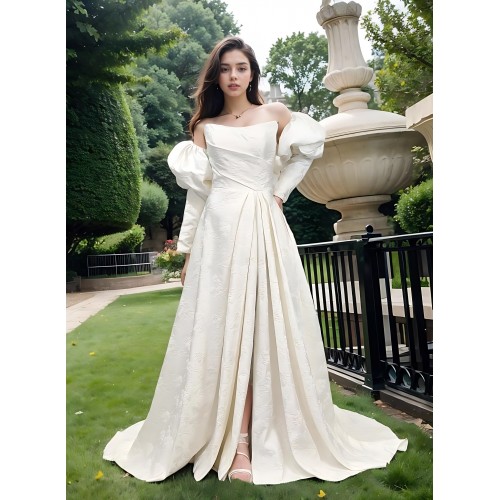 A-Line Embossed Satin Slit Skirt Wedding Dress with Detachable Balloon Long Sleeves- OU-A1005