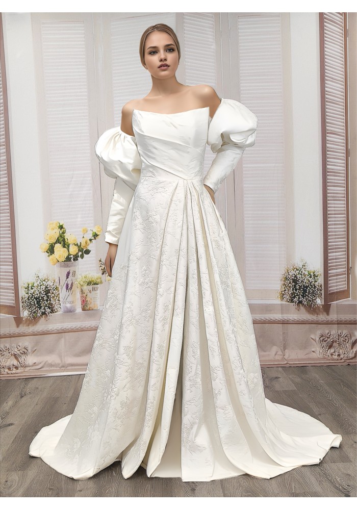 A-Line Embossed Satin Slit Skirt Wedding Dress with Detachable Balloon Long Sleeves- OU-A1005