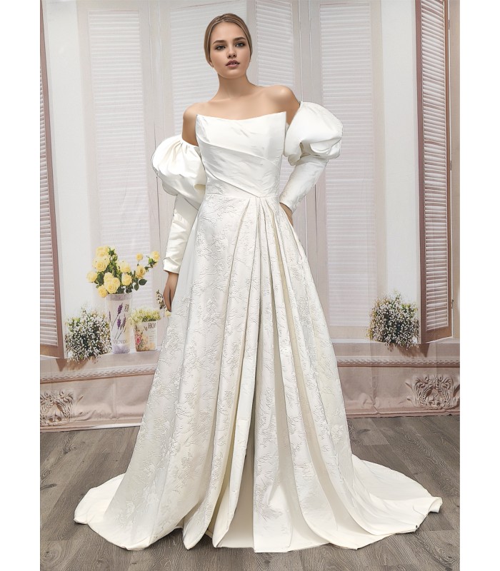 A-Line Embossed Satin Slit Skirt Wedding Dress with Detachable Balloon Long Sleeves- OU-A1005