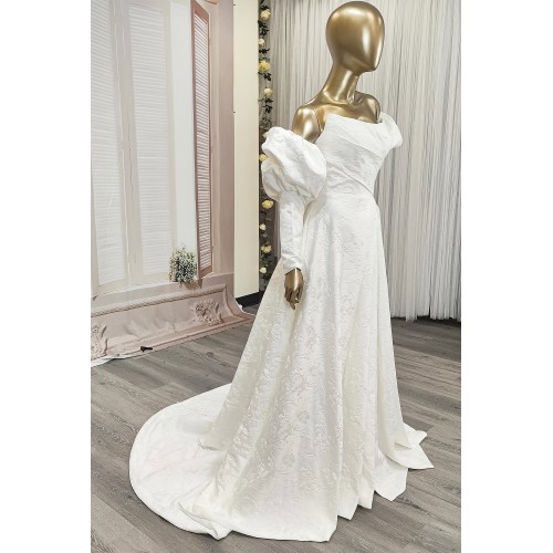 A-Line Embossed Satin Slit Skirt Wedding Dress with Detachable Balloon Long Sleeves- OU-A1005