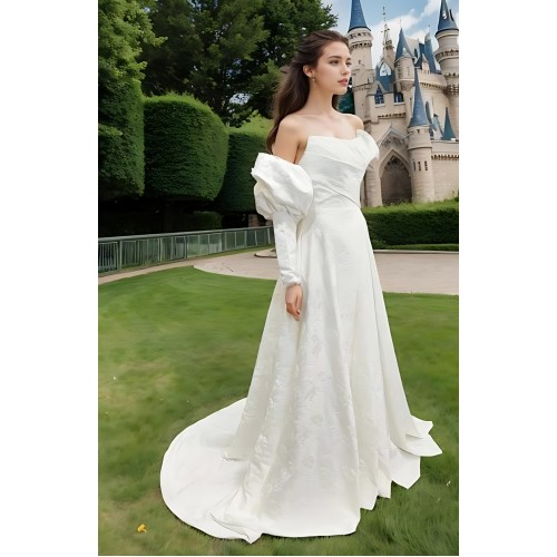 A-Line Embossed Satin Slit Skirt Wedding Dress with Detachable Balloon Long Sleeves- OU-A1005