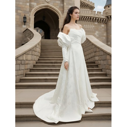 A-Line Embossed Satin Slit Skirt Wedding Dress with Detachable Balloon Long Sleeves- OU-A1005