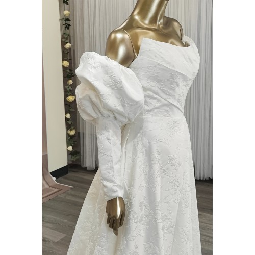 A-Line Embossed Satin Slit Skirt Wedding Dress with Detachable Balloon Long Sleeves- OU-A1005