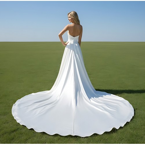 A-Line Soft Satin Pleated Sweetheart Slit Skirt Wedding Dress with Beaded Lace Appliques - OU-A1007