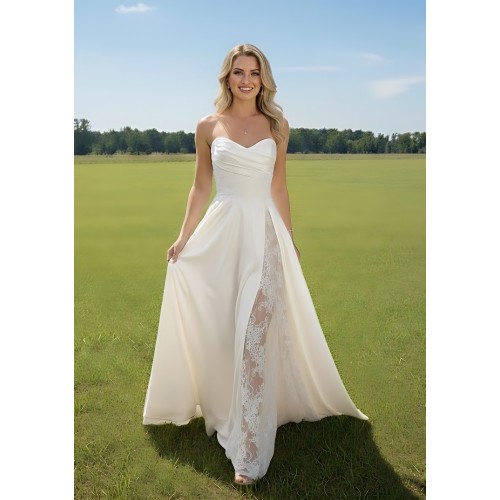 A-Line Soft Satin Pleated Sweetheart Slit Skirt Wedding Dress with Beaded Lace Appliques - OU-A1007