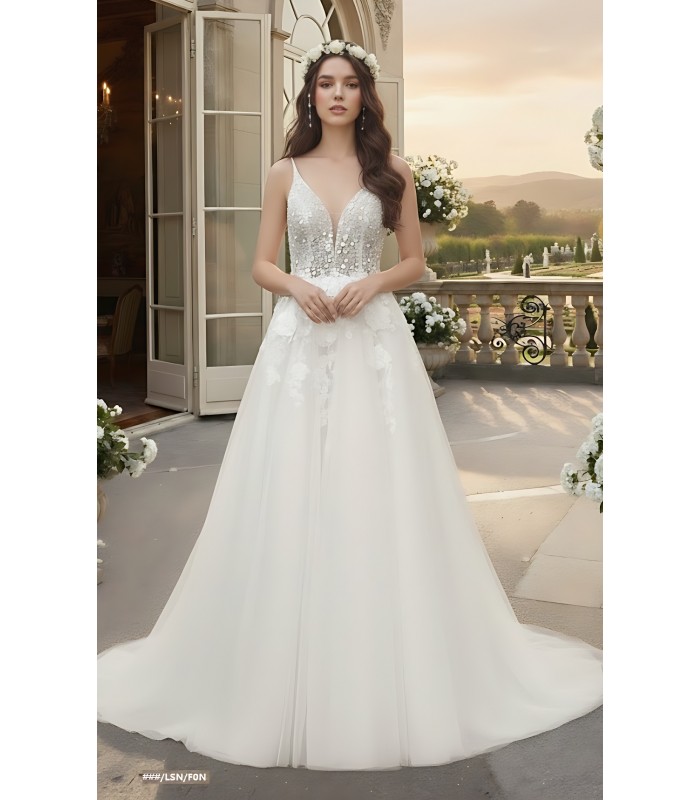 A-Line Beaded and Sequined Lace Tulle Wedding Dress - OU-A2005