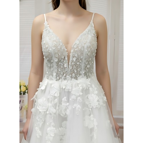 A-Line Beaded and Sequined Lace Tulle Wedding Dress - OU-A2005