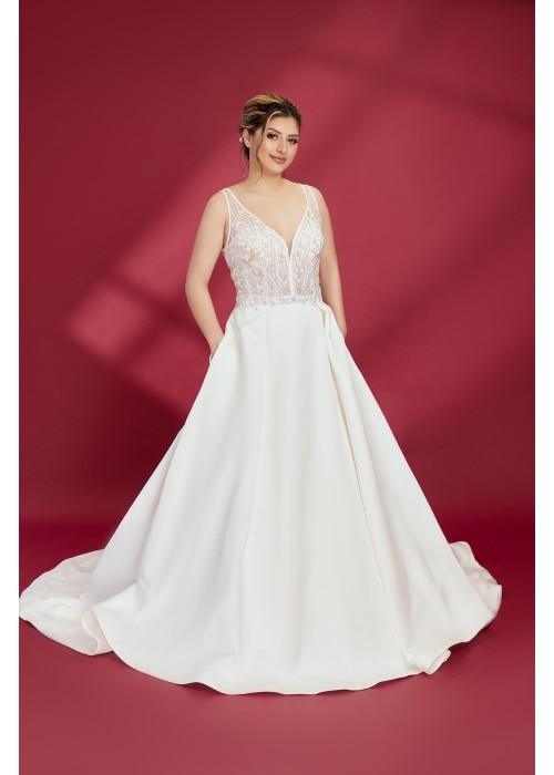 A-Line Sparkling Beads and Sequined Tulle Tank Top Bodice Satin Skirt with Pockets Wedding Dress - OU-A3002