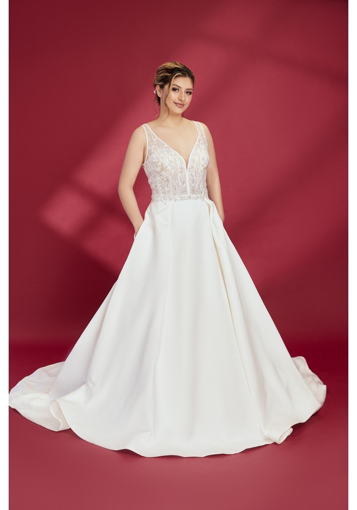 A-Line Sparkling Beads and Sequined Tulle Tank Top Bodice Satin Skirt with Pockets Wedding Dress - OU-A3002